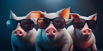 Tres cerdo con Gafas de sol en oscuro antecedentes. ai generado foto