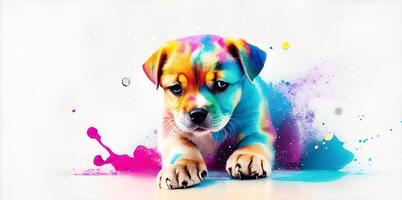perrito jugando en vistoso agua color , sucio con color chapoteo. ai generado. foto
