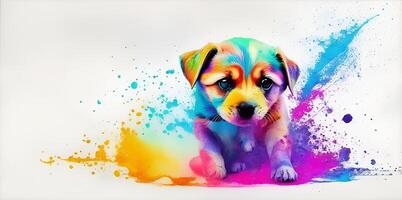 Puppy playing in colorful water color , dirty with color splash. . photo