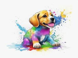 Puppy playing in colorful water color , dirty with color splash. . photo