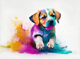 Puppy playing in colorful water color , dirty with color splash. . photo