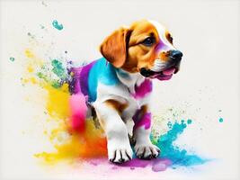 Puppy playing in colorful water color , dirty with color splash. . photo