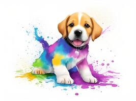 Puppy playing in colorful water color , dirty with color splash. . photo