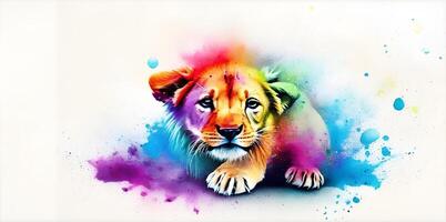 Lion playing in colorful water color , dirty with color splash . photo