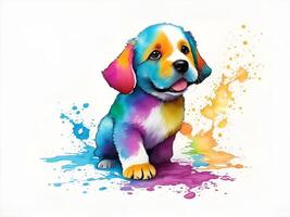 Puppy playing in colorful water color , dirty with color splash. . photo
