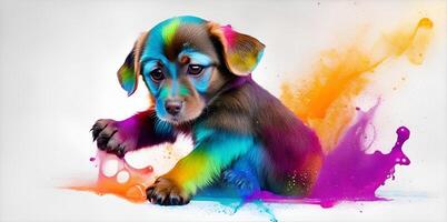 Puppy playing in colorful water color , dirty with color splash. . photo