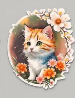 Sticker, A detailed illustration a print of vivid cute kitten head. . photo