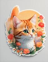 Sticker, A detailed illustration a print of vivid cute kitten head. . photo