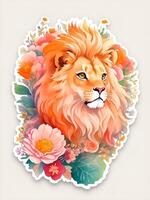 Sticker, A detailed illustration a print of vivid cute lion head. . photo