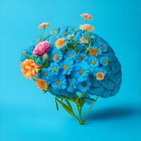 flores crecer desde el humano cerebro en un azul antecedentes papel Arte. ai generado. foto