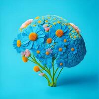 Flowers grow from the human brain on a blue background paper art. . photo