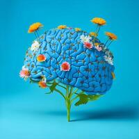 flores crecer desde el humano cerebro en un azul antecedentes papel Arte. ai generado. foto