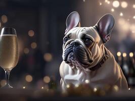 French Bulldog drinking champagne on New Years Eve party. AI Generated photo