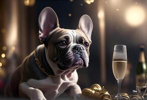 French Bulldog drinking champagne on New Years Eve party. AI Generated photo