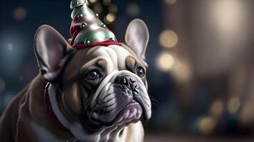 French Bulldog wearing a Christmas hat on New Years party. AI Generated photo