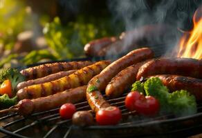 Grilled sausages and vegetables on a flaming BBQ grill. AI Generated photo