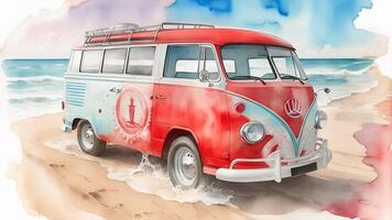 Handdrawn red retro van. AI Generated photo