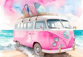 Handdrawn pink retro van. AI Generated photo