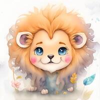 Face of Kawaii lion smiling Watercolor Clipart HAPPY. AI Generated photo