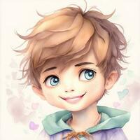 Face of Kawaii boy smiling Watercolor Clipart HAPPY. AI Generated photo