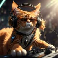 Ginger dj cat with sunglasses and headphones. AI Generated photo