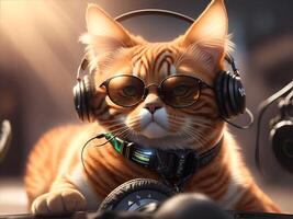 Ginger dj cat with sunglasses and headphones. AI Generated photo