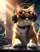 Ginger dj cat with sunglasses and headphones. AI Generated photo