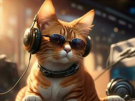 Ginger dj cat with sunglasses and headphones. AI Generated photo