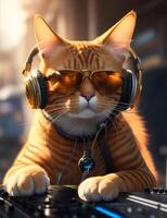 Ginger dj cat with sunglasses and headphones. AI Generated photo