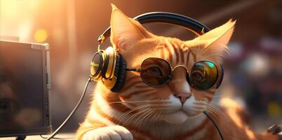 Ginger dj cat with sunglasses and headphones. AI Generated photo