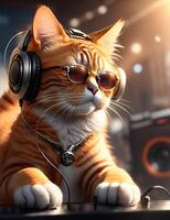 Ginger dj cat with sunglasses and headphones. AI Generated photo