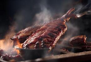 Juicy grilled pork ribs on fire. AI Generated photo