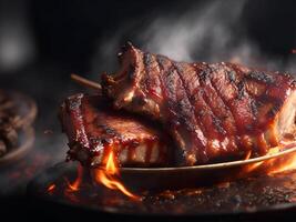 jugoso A la parrilla Cerdo costillas en fuego. ai generado foto