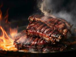 Juicy grilled pork ribs on fire. AI Generated photo