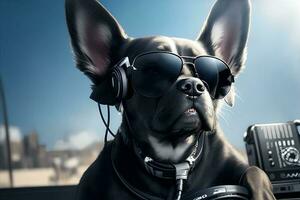 Black dj dog with sunglasses and headphones playing music. AI Generated photo