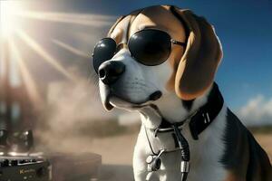 Dj Beagle with sunglasses and headphones. AI Generated photo