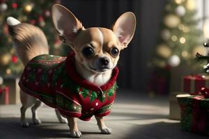 Chihuahua in Christmas pullover. AI Generated photo