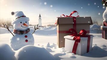 Christmas banner of gift boxes on snow outside with snowman. AI Generated photo