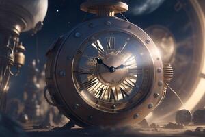 Clock in space on fire. photo