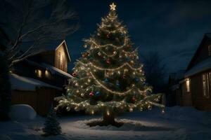 Decorated Christmas tree outdoor at night. AI Generated photo