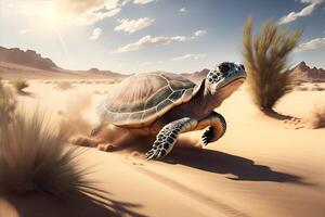 Fast turtle running at full speed in the desert. photo