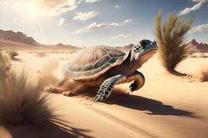 Fast turtle running at full speed in the desert. AI Generated photo