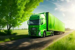 Eco friendly transportation concept with Green truck. AI Generated photo