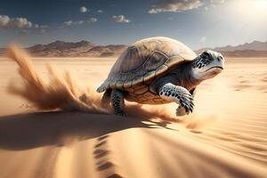 Fast turtle running at full speed in the desert. photo