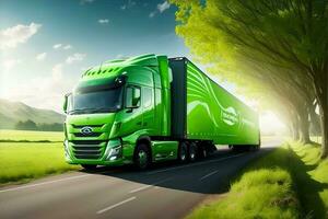 Eco friendly transportation concept with Green truck. AI Generated photo