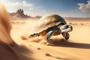 Fast turtle running at full speed in the desert. photo