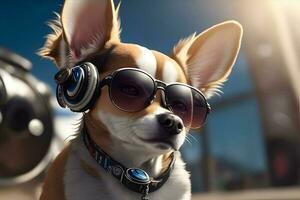 Dj chihuahua with sunglasses and headphones playing music. AI Generated photo