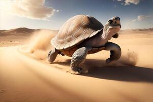 Fast turtle running at full speed in the desert. photo