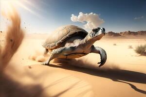 Fast turtle running at full speed in the desert. photo