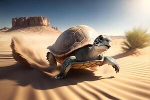 rápido Tortuga corriendo a lleno velocidad en el desierto. ai generado foto